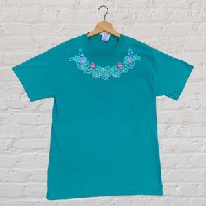 Floral Y2K T-shirt Medium Teal Grannycore Jerzees Heavyweight Blend